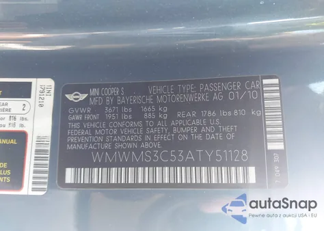 2010 Mini Cooper S z USA, uszkodzony, nr VIN WMWMS3C53ATY51128